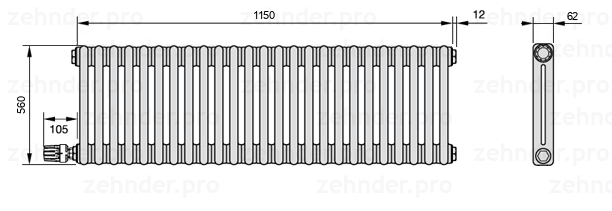Схема (чертеж) Радиатор Zehnder Charleston 2056/25 №V003 Белый глянцевый RAL 9016